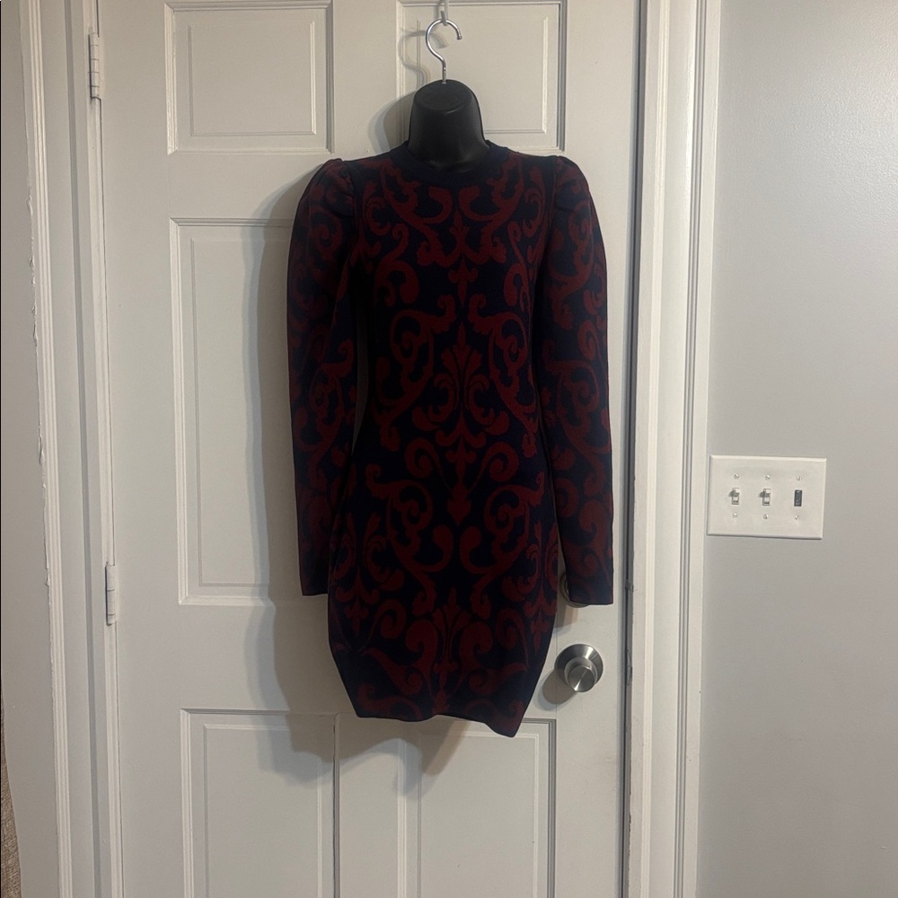 Vici Red and Black Long Sleeve Puff Shoulder Knit Dress